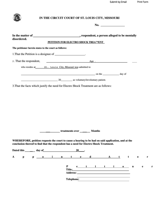 Fillable Petition For Electro Shock Treatment Circuit Court Of St 