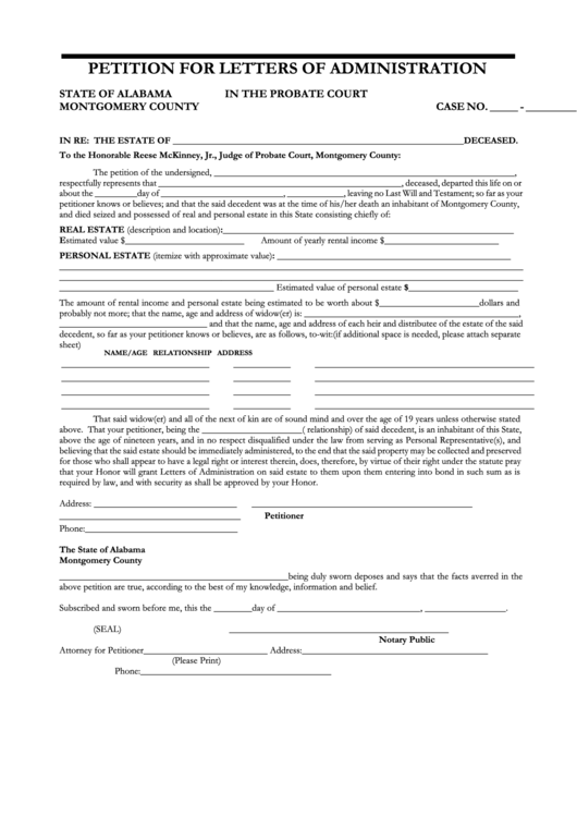 Fillable Petition For Letters Of Administration Form Alabama 