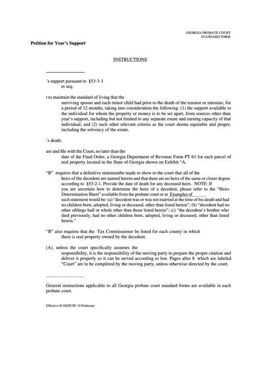 Fillable Petition For Year S Support Georgia Probate Court Printable 