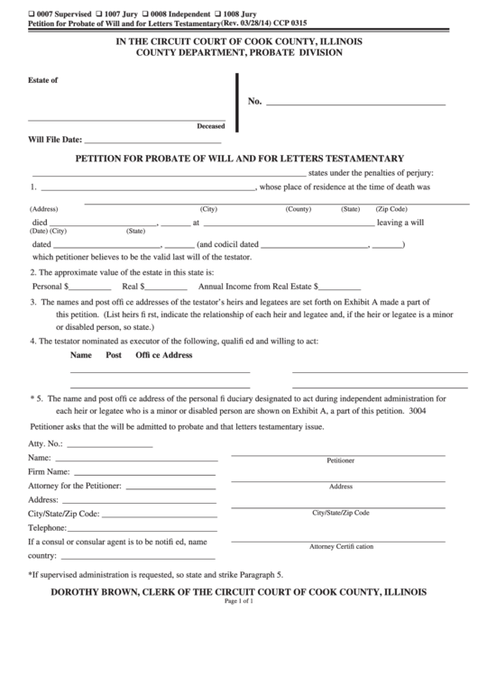 Fillable Petition Form For Probate Of Will And For Letters Testamentary 