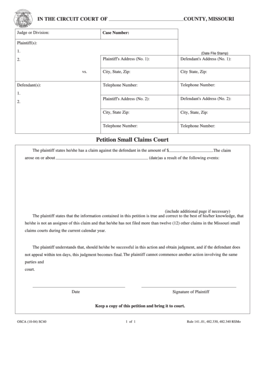 Fillable Petition Small Claims Court Printable Pdf Download