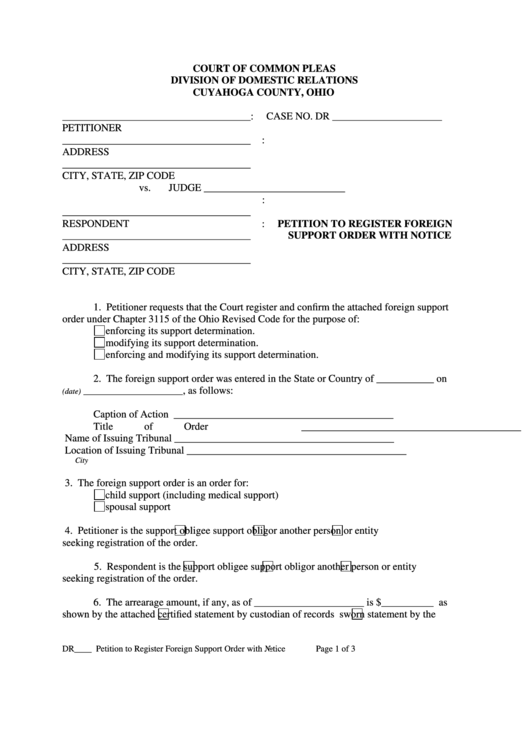 Fillable Petition To Register Foreign Support Order With Notice Form 