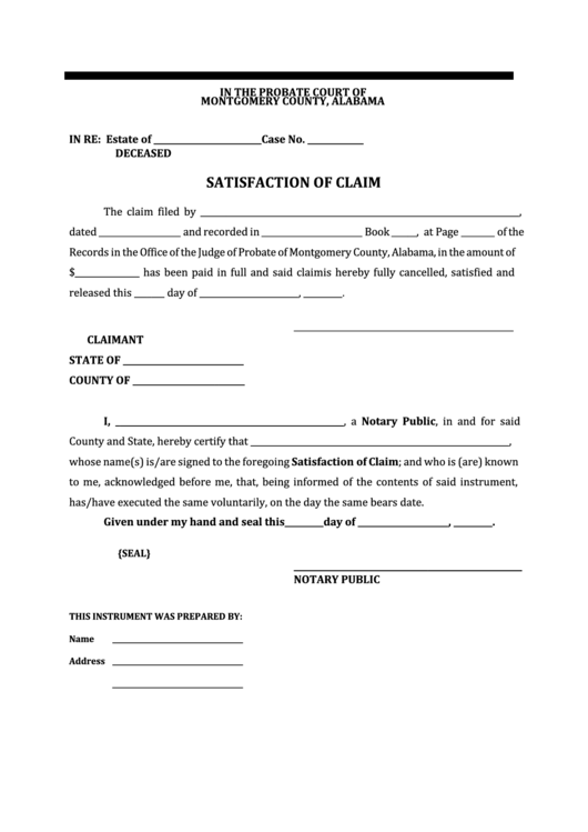 Fillable Satisfaction Of Claim Form Probate Court Of Montgomery 