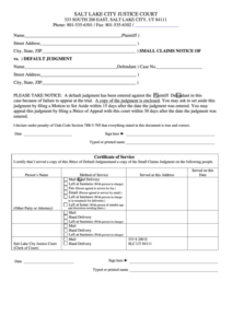 Fillable Small Claims Notice Of Default Judgment Form Salt Lake City