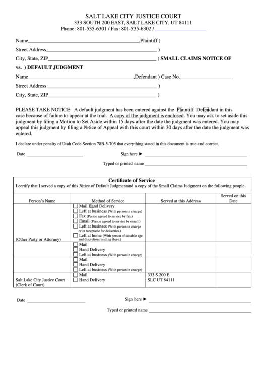 Fillable Small Claims Notice Of Default Judgment Form Salt Lake City 