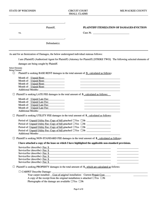 Fillable Small Claims State Of Wisconsin Circuit Court Milwaukee