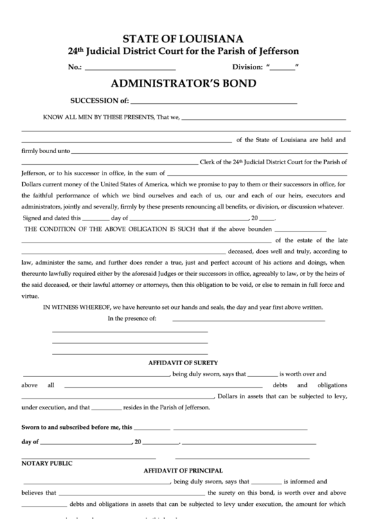 Fillable State Of Louisiana Administrator S Bond 24th Judicial 