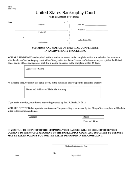 Fillable Summons And Notice Of Pretrial Conference Florida Bankruptcy 