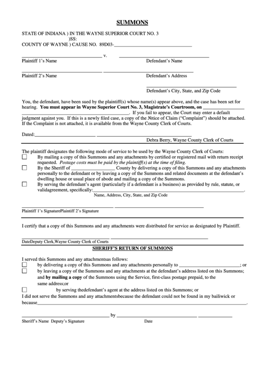 Fillable Summons Form County Of Wayne Superior Court Printable Pdf 