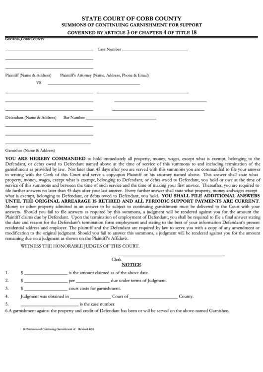 Fillable Summons Of Continuing Garnishment For Support Form State 