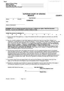 Fillable Summons Superior Court Of Arizona Mohave County Printable