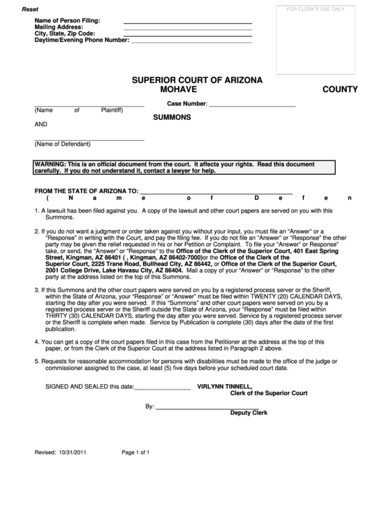 Fillable Summons Superior Court Of Arizona Mohave County Printable 