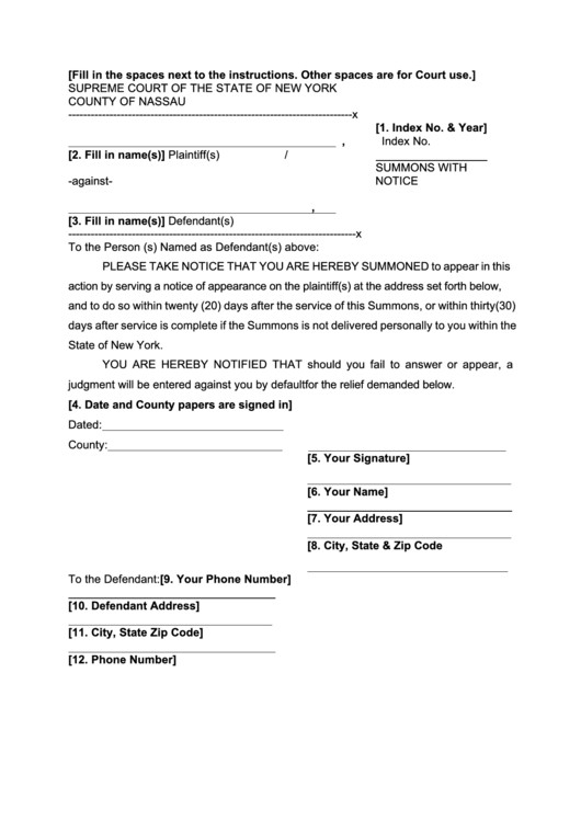 Fillable Summons With Notice New York Supreme Court Printable Pdf 