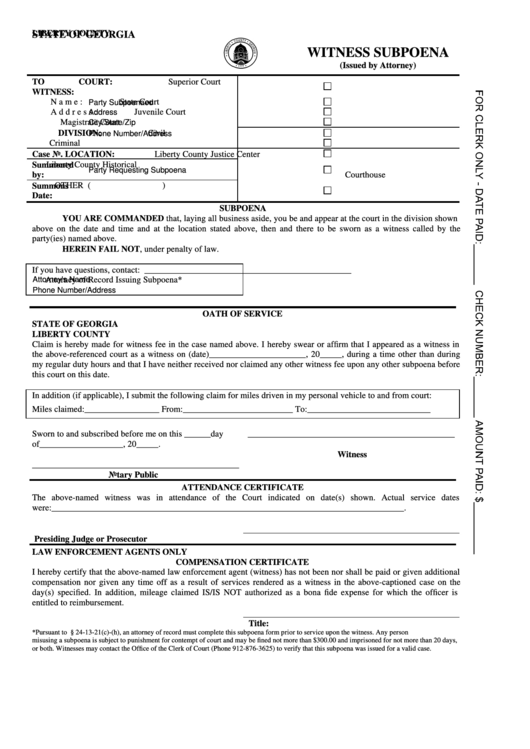 Fillable Witness Subpoena Form Liberty County Georgia Printable Pdf 