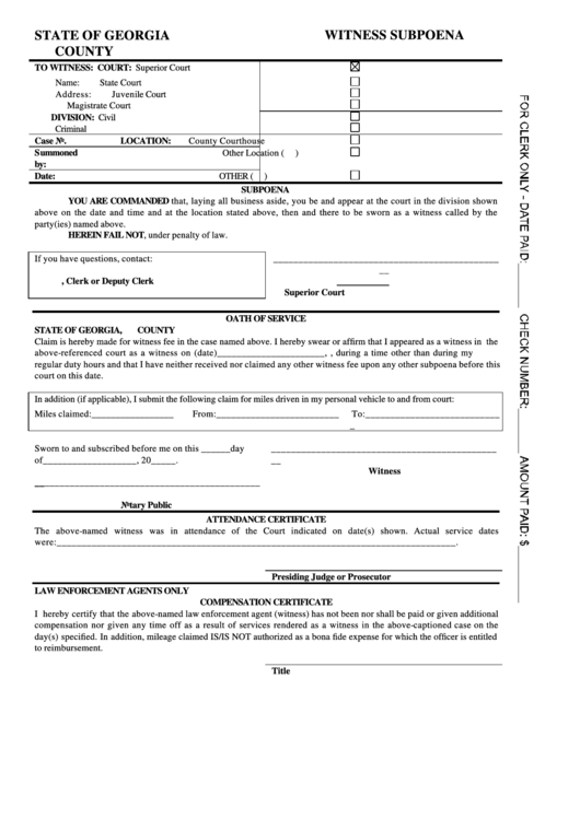 Fillable Witness Subpoena Form State Of Georgia County Printable Pdf 