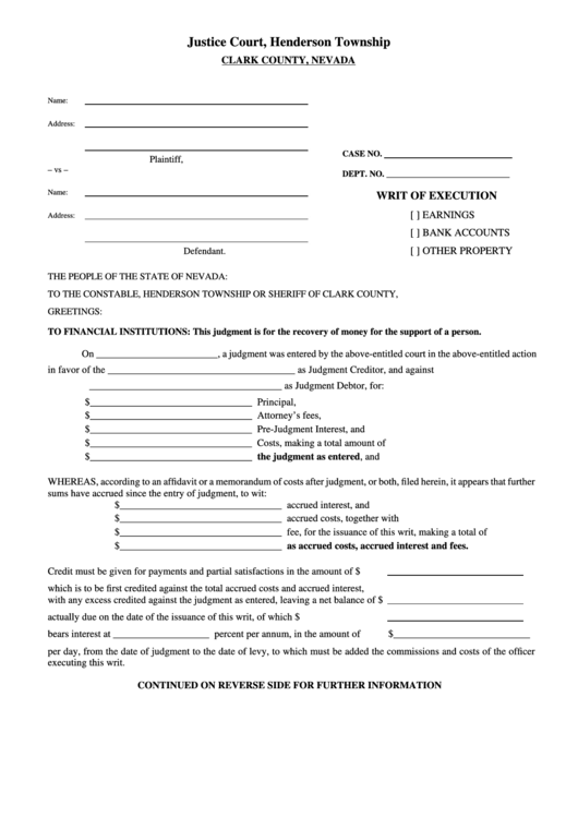 Fillable Writ Of Execution Form Clark County Nevada Printable Pdf 