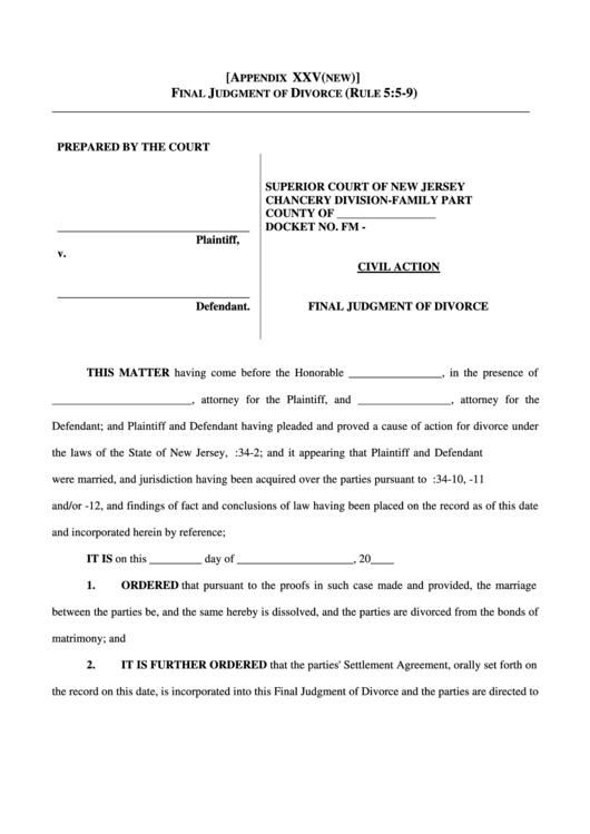 Final Judgment Of Divorce Form Superior Court Of New Jersey Printable 