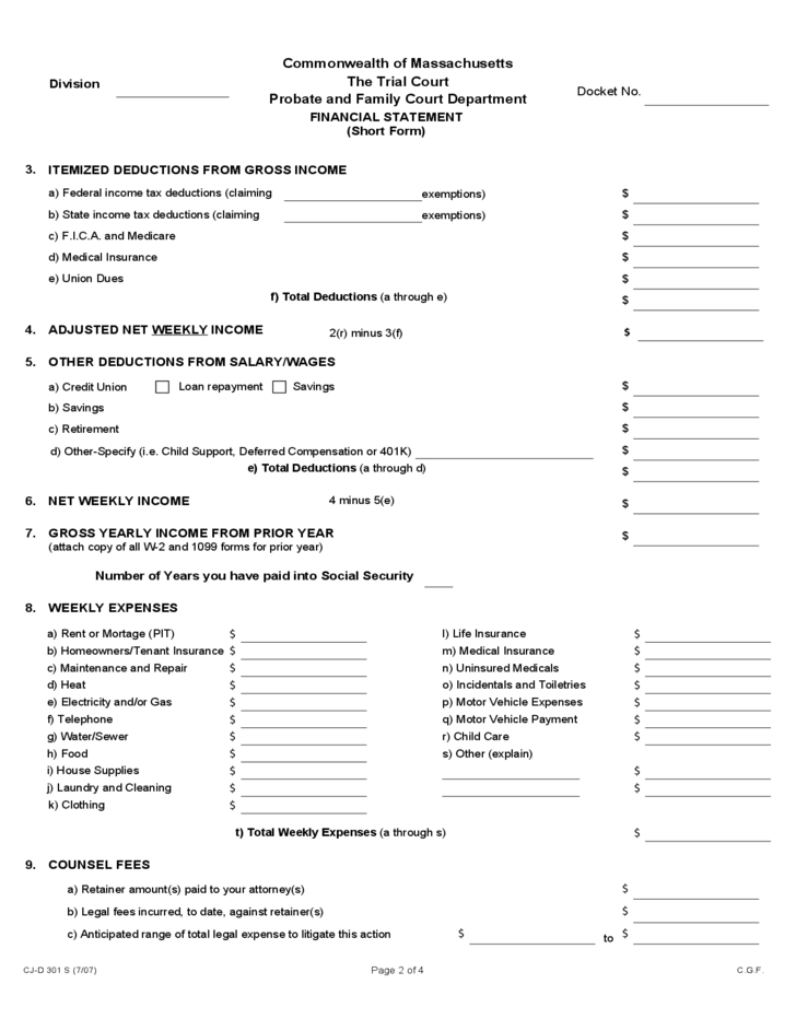 Financial Statement Short Form Massachusetts Free Download