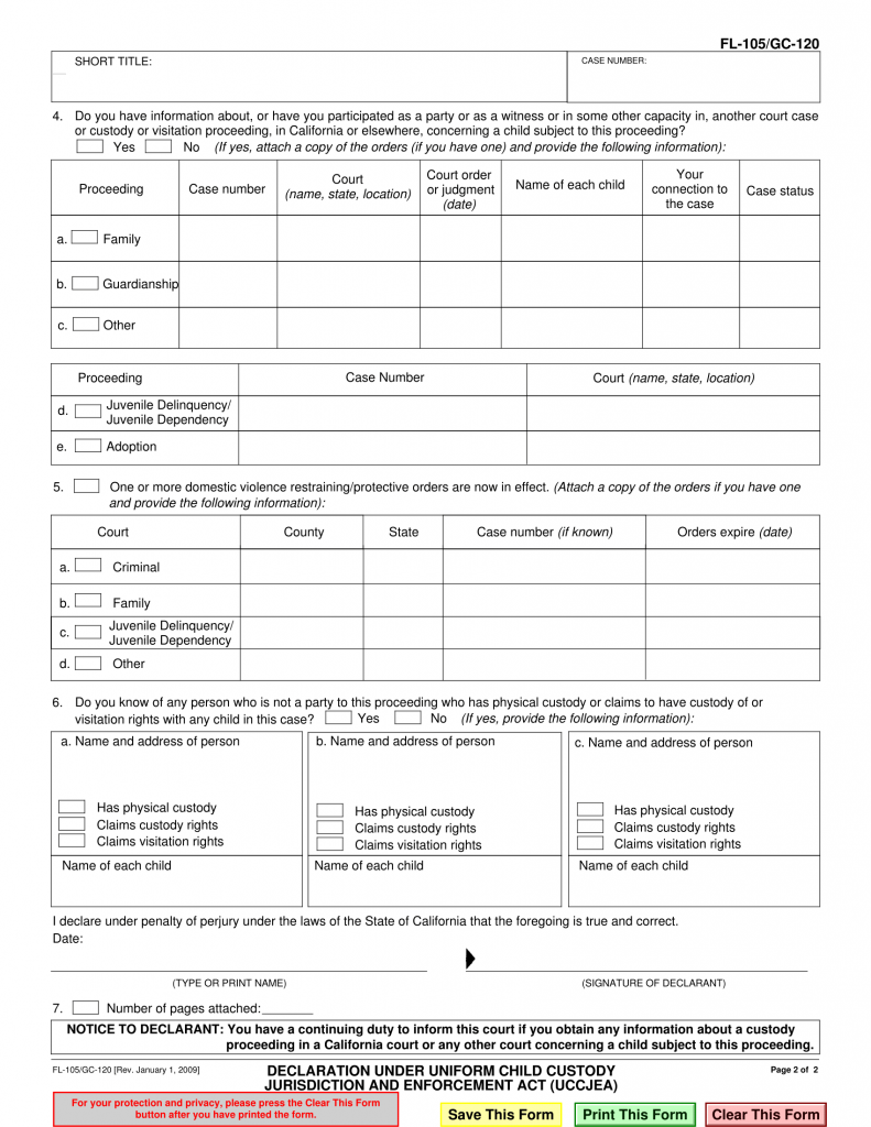 FL 105 Declaration Form Under Uniform Child Custody Jurisdiction 