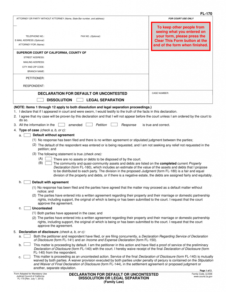 FL 170 Declaration For Default Or Uncontested Dissolution Pinkham 