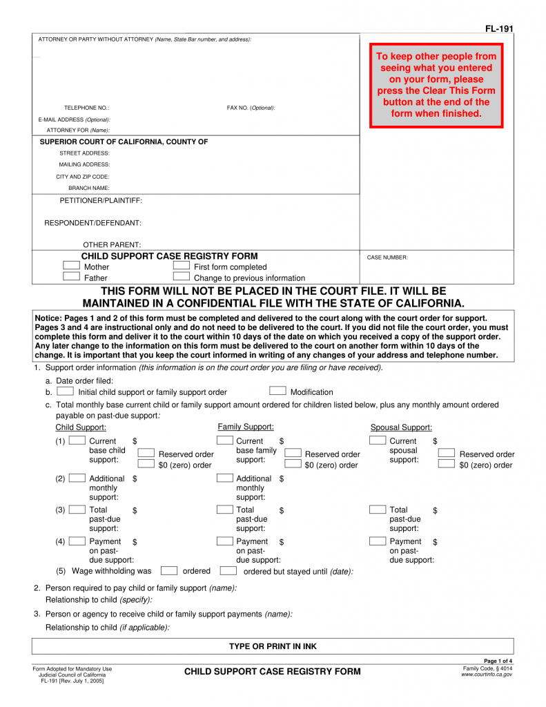 FL 191 Child Support Case Registry Form Pinkham Law Pinkham 