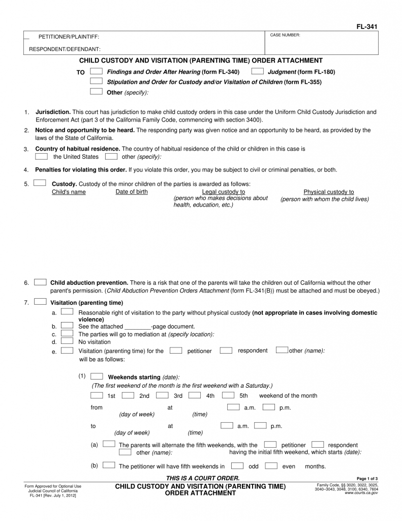 FL 341 Child Custody And Visitation Order Family Law Pinkham 