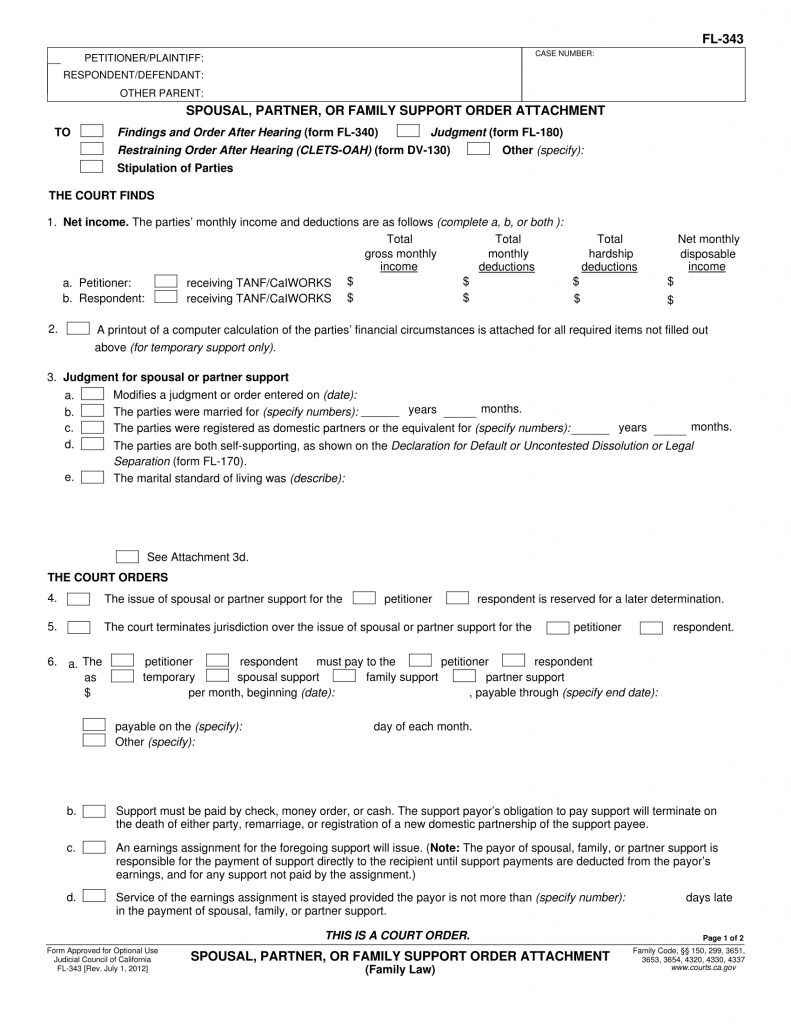 FL 343 CA Family Support Order Attachment Family Law Pinkham 