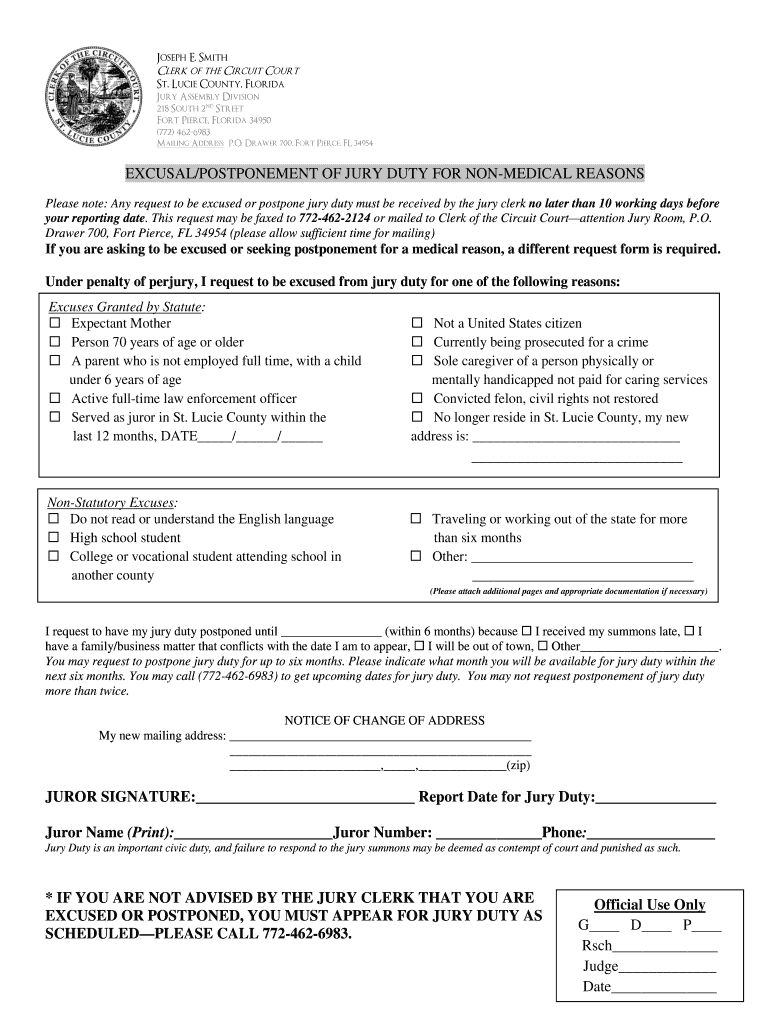 FL Excusal Postponement Of Jury Duty For Non Medical Reasons Complete