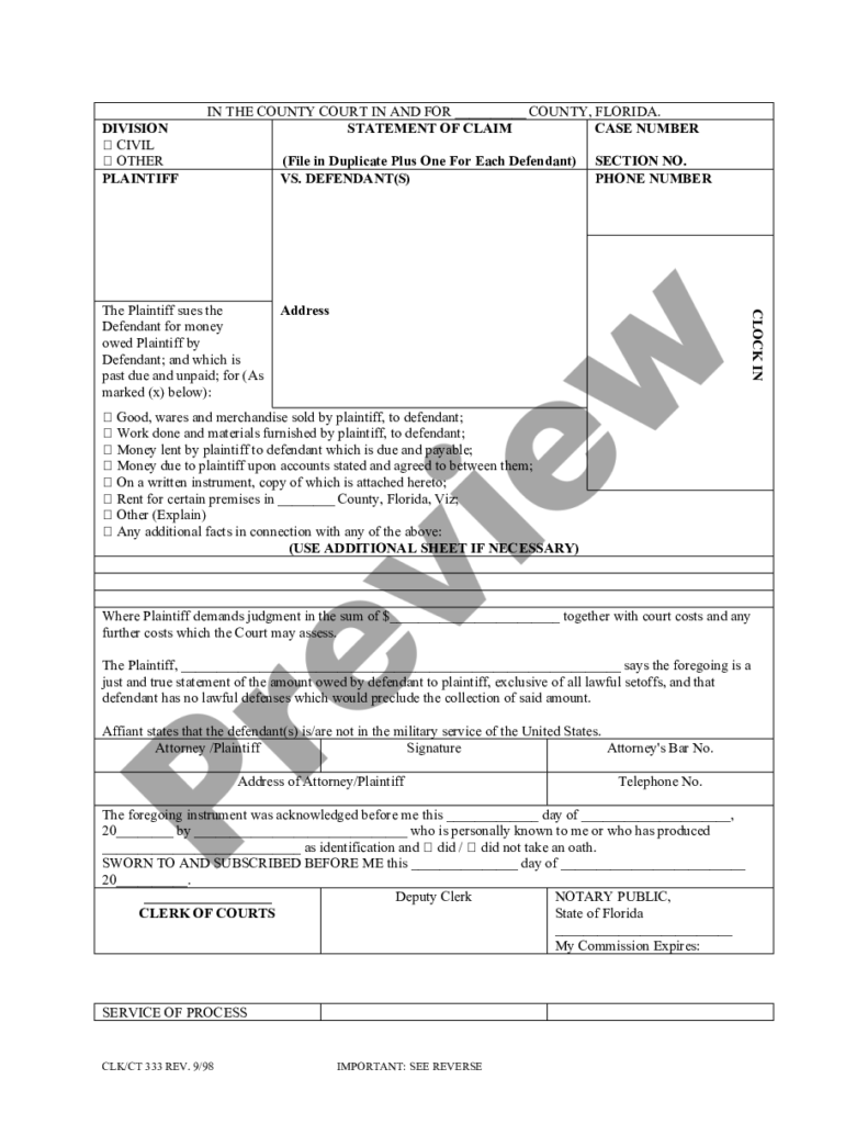 Florida Statement Of Claim Florida Law Form Statement Of Claim US 