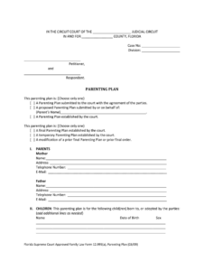 Florida Supreme Court Approved Family Law Form 12 995a Parenting Plan