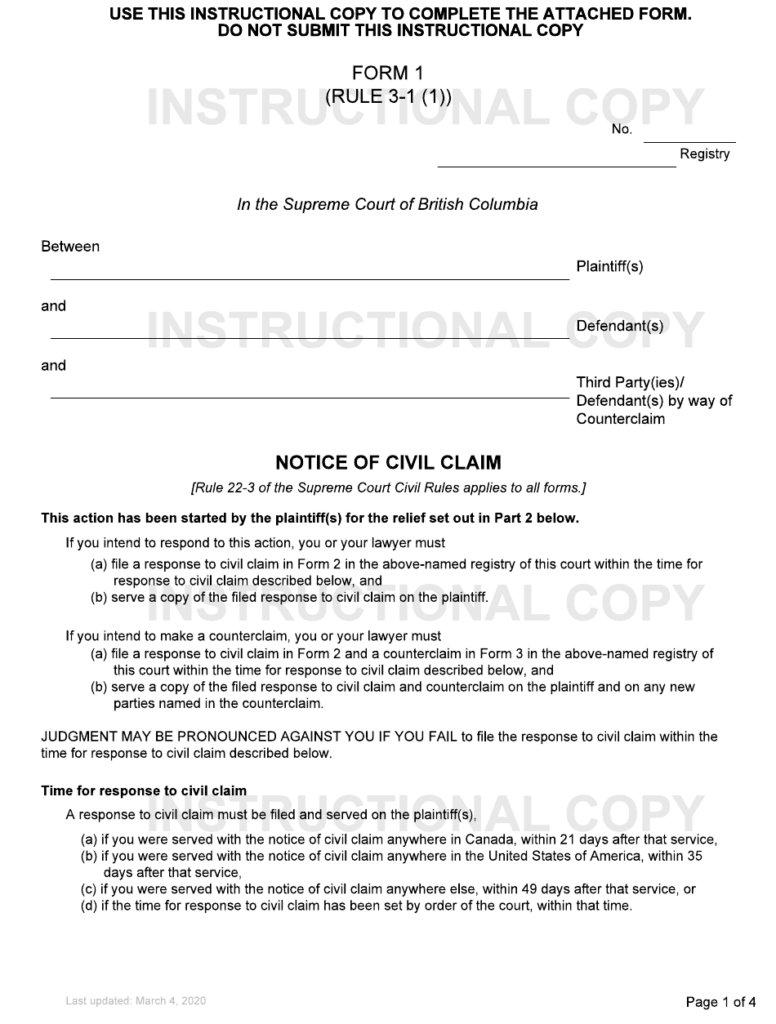 Form 1 Download Fillable PDF Or Fill Online Notice Of Civil Claim