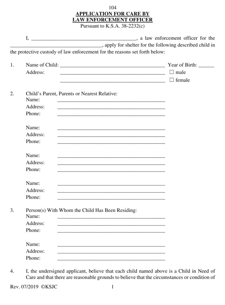 Form 104 Download Fillable PDF Or Fill Online Application For Care By 