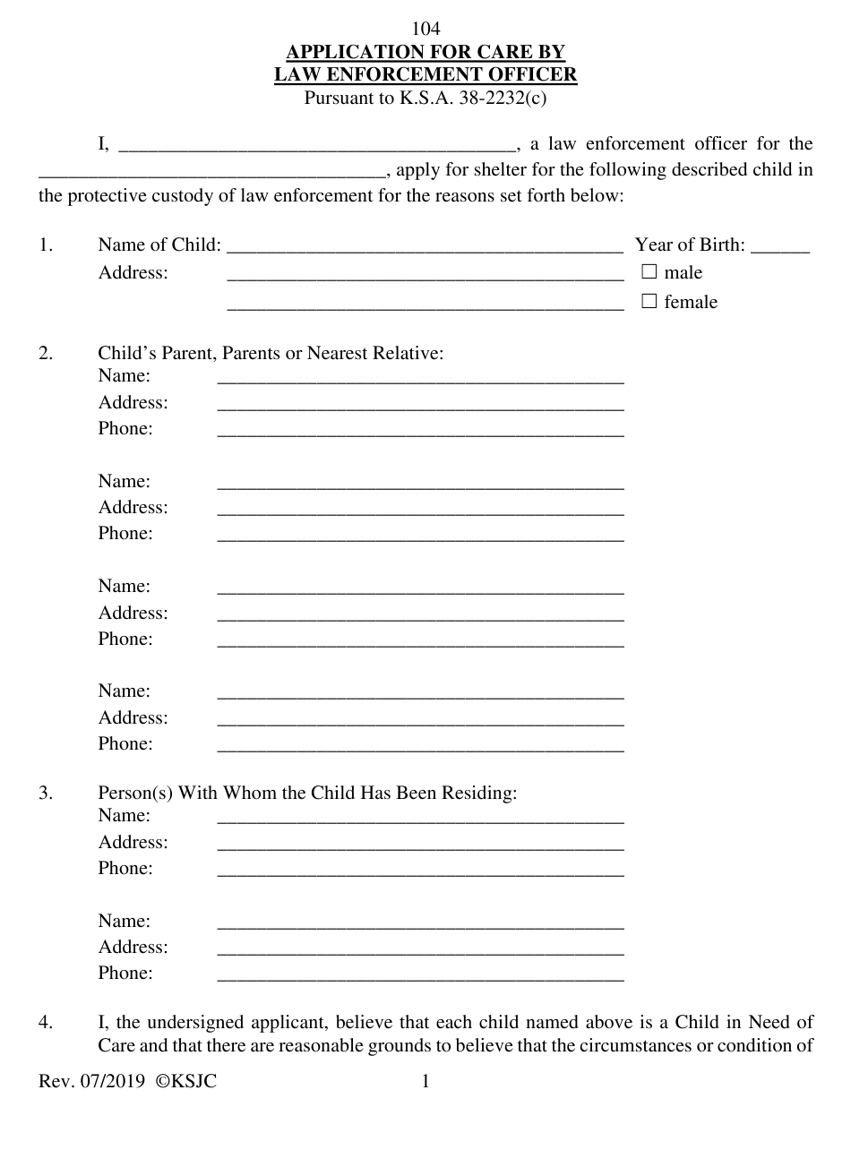 Form 104 Download Fillable PDF Or Fill Online Application For Care By 