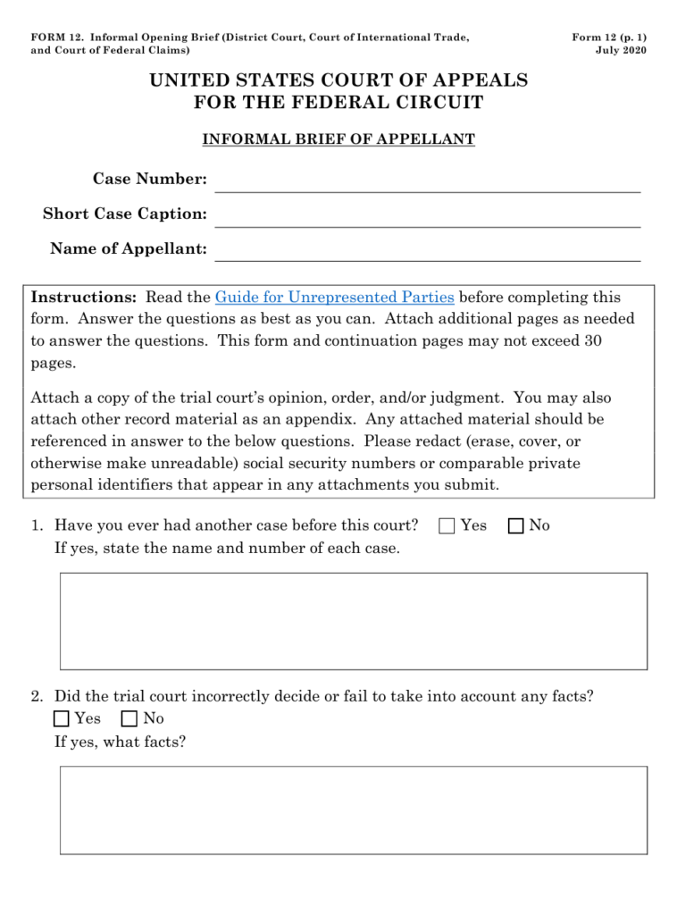 Form 12 Download Fillable PDF Or Fill Online Informal Brief District 