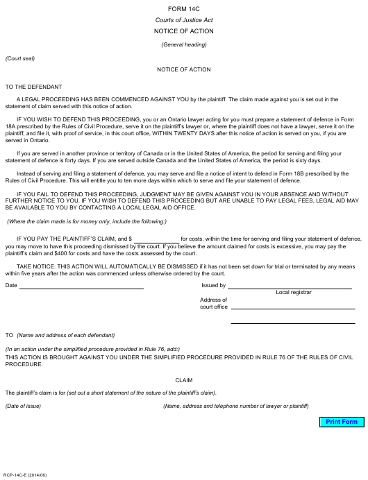 Form 14C Download Printable PDF Or Fill Online Notice Of Action Ontario 