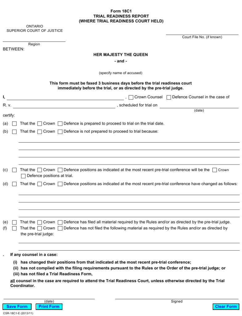 Form 18C1 Download Fillable PDF Or Fill Online Trial Readiness Report 