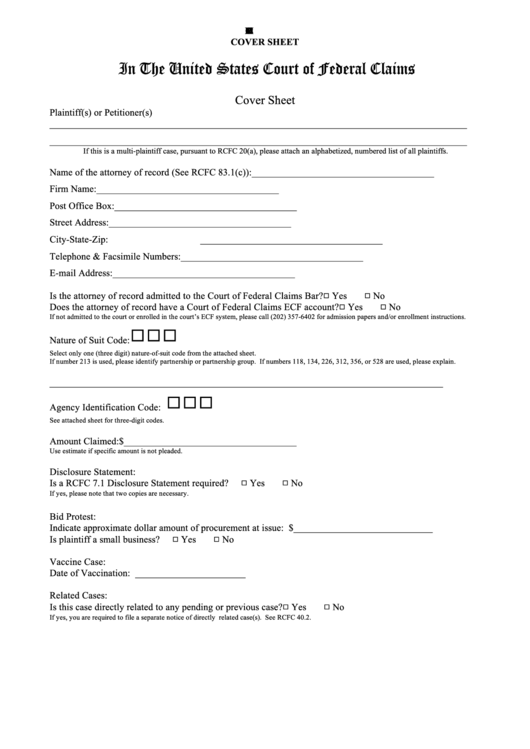 Form 2 Cover Sheet The United States Court Of Federal Claims 