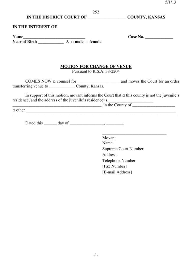 Form 252 Download Printable PDF Or Fill Online Motion For Change Of 