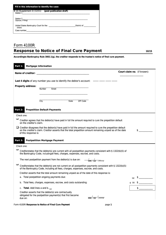 Form 4100r Response To Notice Of Final Cure Payment Printable Pdf 