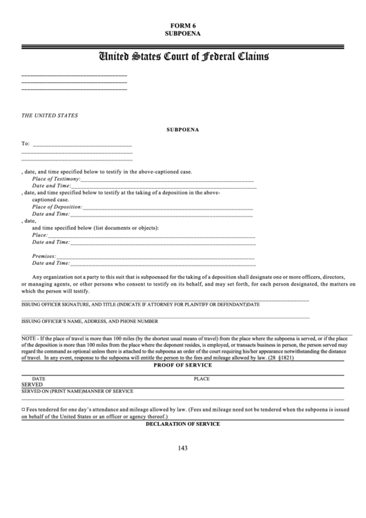 Form 6 Subpoena United States Court Of Federal Claims Printable Pdf 