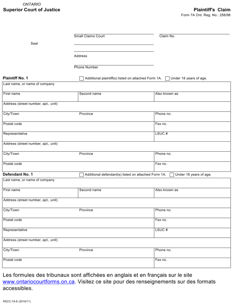 Form 7a Download Fillable PDF Or Fill Online Plaintiff s Claim Ontario 