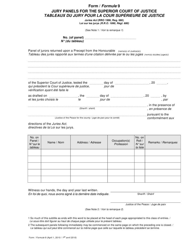 Form 9 Download Printable PDF Or Fill Online Jury Panels For The 