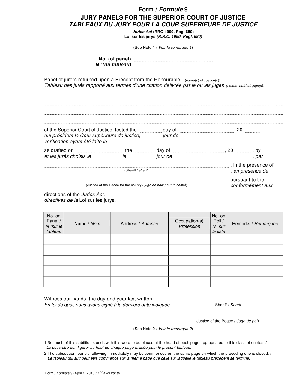 Form 9 Download Printable PDF Or Fill Online Jury Panels For The 