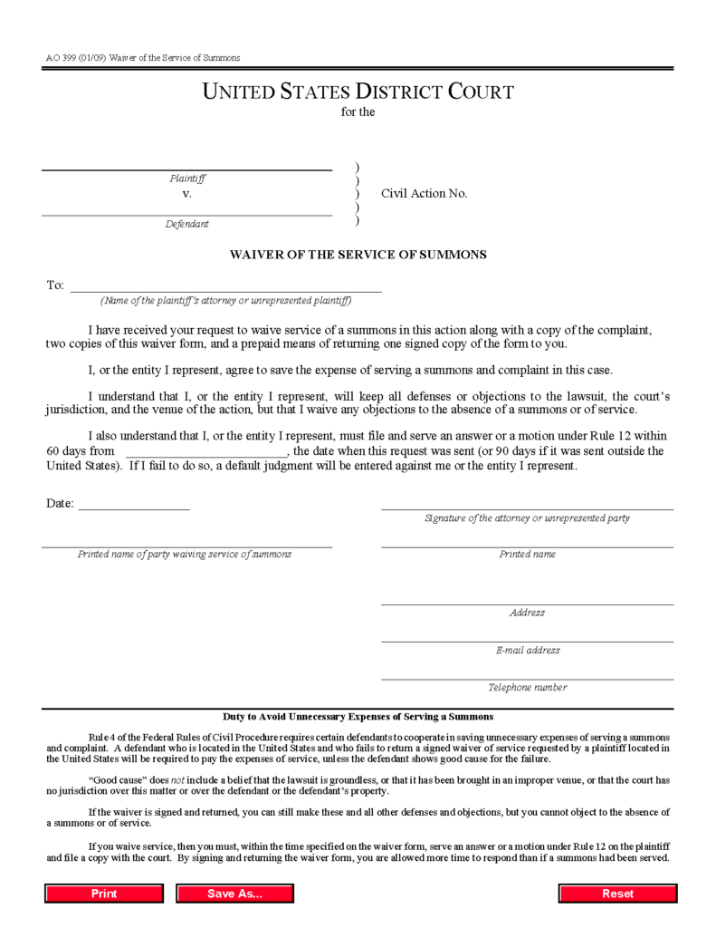 Form AO 399 Waiver Of The Service Of Summons