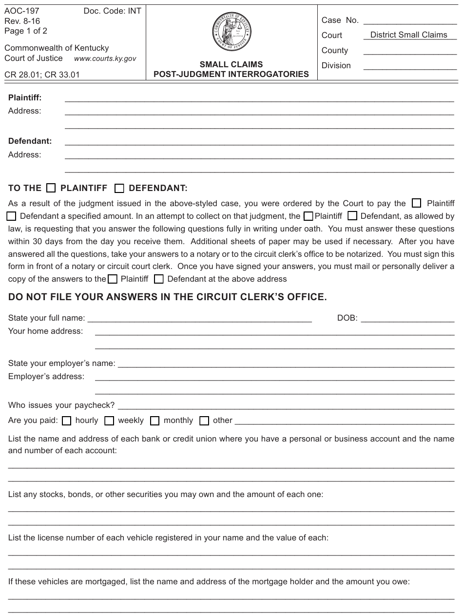 Form AOC 197 Download Fillable PDF Or Fill Online Small Claims Post 