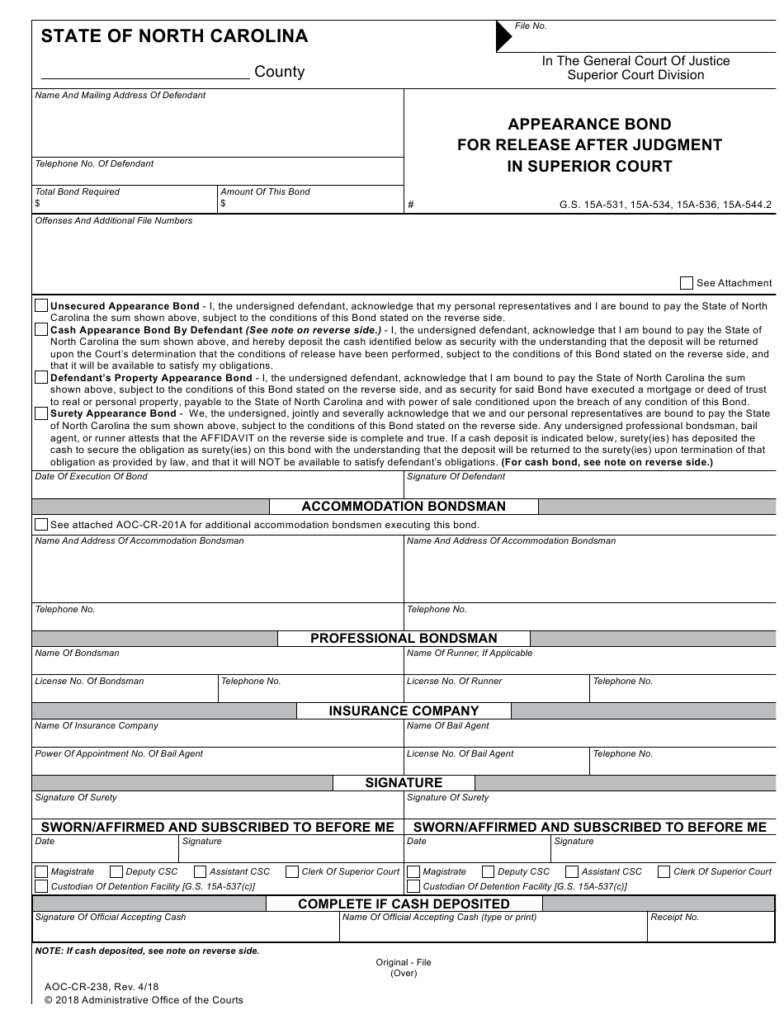 Form AOC CR 238 Download Fillable PDF Or Fill Online Appearance Bond