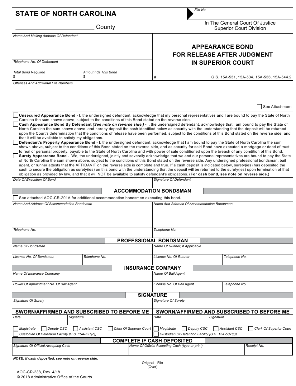 Form AOC CR 238 Download Fillable PDF Or Fill Online Appearance Bond 