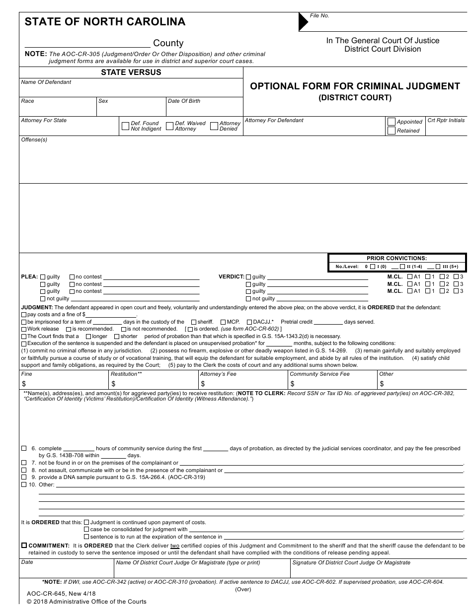 Form AOC CR 645 Download Fillable PDF Or Fill Online Optional Form For 