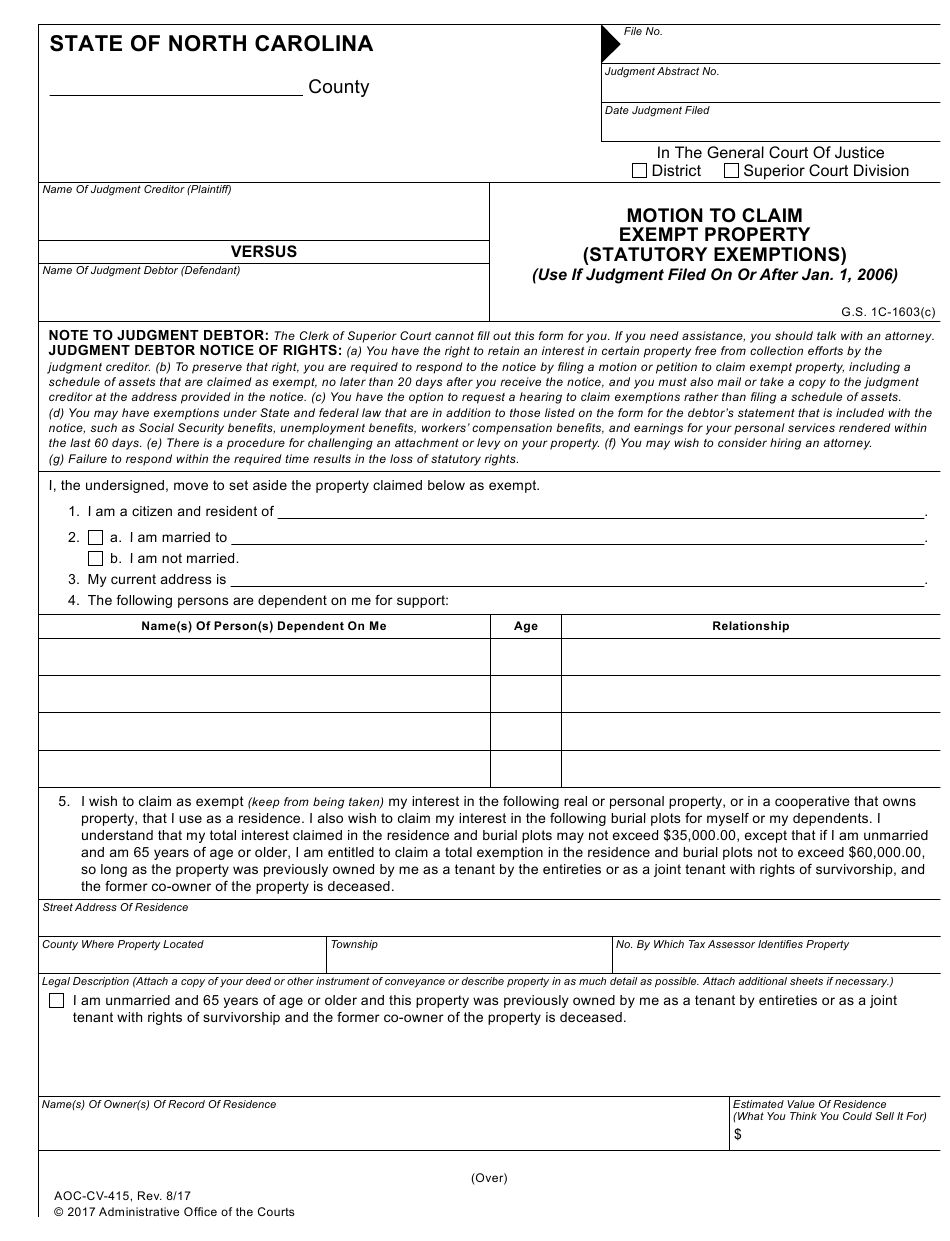 Form AOC CV 415 Download Fillable PDF Or Fill Online Motion To Claim 