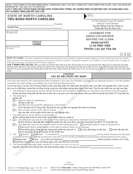 Form AOC CV 710 VIETNAMESE Download Printable PDF Judgment For 